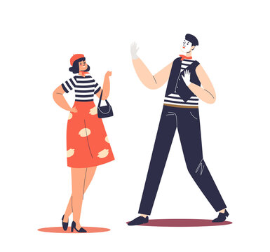 Typical french cartoon characters: male mime artist and female wearing stereotypical France clothes