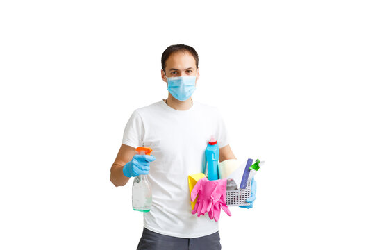 portrait of man with cleaning equipment isolated over white background