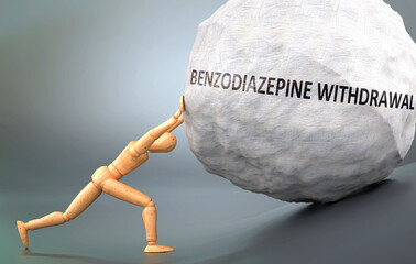 Benzodiazepine withdrawal and human condition, pictured as a human figure pushing weight to show how hard it can be to deal with Benzodiazepine withdrawal, 3d illustration - obrazy, fototapety, plakaty
