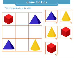  Logic game for children. Fill in the blank cells in the table so that in each row and column the element appears only once