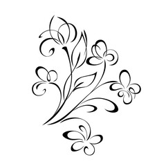 ornament 1744. several blooming stylized flowers on stems with leaves and curls black lines on a white background