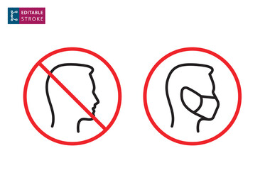 No entry without face mask icon. Editable stroke.