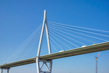 Tempozan Bridge in Osaka, Japan. It is a cable-stayed bridge with harp design.