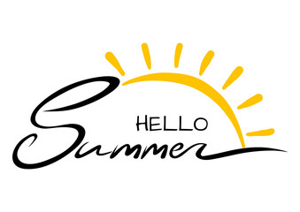 Hello summer handwritten lettering and the sun hand drawn.Summer concept for a vacation.Simple design vector illustration for typography and print.
