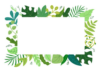 Horizontal rectangular frame made of various green leaves. Summer tropical border template,freshness of green foliage. Vector illustration.