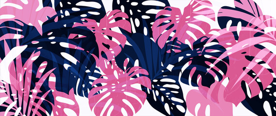 Abstract art tropical leaves background vector. Wallpaper design with watercolor art texture from palm leaves, Jungle leaves, monstera leaf, exotic botanical floral pattern. Design for banner, cover,  © TWINS DESIGN STUDIO