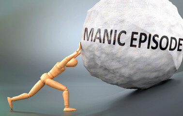 Manic episode and painful human condition, pictured as a wooden human figure pushing heavy weight to show how hard it can be to deal with Manic episode in human life, 3d illustration