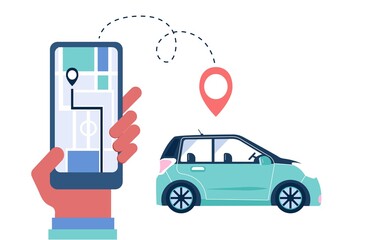 Hands with smartphone app for car sharing and rent service. Big creen for online carsharing and carpooling travel with route and points location on a city map. Transportation vector concept - 431675714