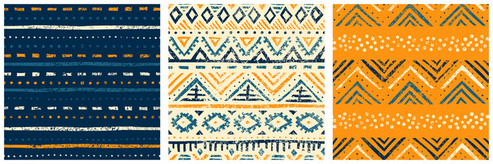 Set of seamless geometric patterns. Ethnic and tribal motives. Bohemian print for textiles, packaging, home decor. Grunge vintage texture. Vector illustration. - obrazy, fototapety, plakaty