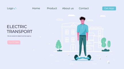 Men and women drive eco city transportation in city concept. Personal electric transport, green electro scooter, hoverboard, gyroscooter, unicycle and bike. Ecological vehicle set