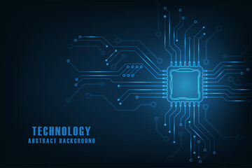 Fototapeta Vector futuristic microchip CPU circuit board blue light. Technology abstract background. obraz