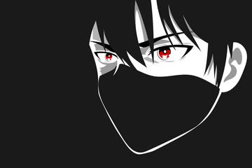 Anime face ninja with red eyes on black background. Web banner for anime, manga, cartoon - 431676779