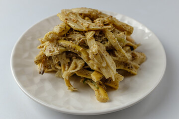 Cooking bamboo shoots on a white background