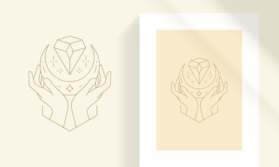 Female hands and moon with magic crystal line art style vector illustration