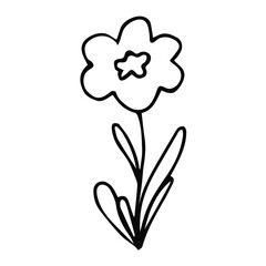 Cute flower doodle in hand drawn simple style. Floral vector illustration of childish drawing plant with leaves element for design isolated on white background. Black ink line art