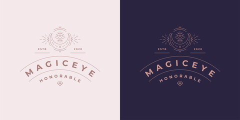 Magic moon crescent with eye logo emblem design template vector illustration in minimal line art style © provectors