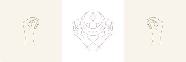 Woman hands and moon crescent in boho linear style vector illustrations set.