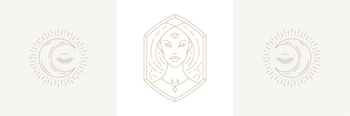 Magic woman and moon crescent with eye in boho linear style vector illustrations set. © provectors