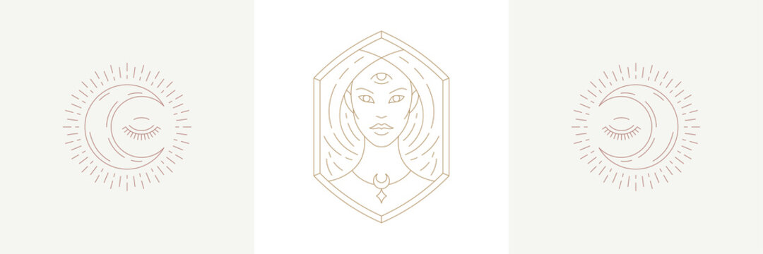 Magic woman and moon crescent with eye in boho linear style vector illustrations set.