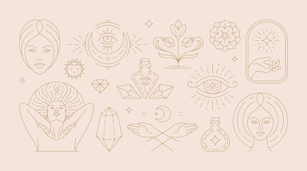 Magic woman boho vector illustrations of graceful feminine women and esoteric symbols set. © provectors