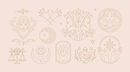Magic woman boho vector illustrations of graceful feminine women and esoteric symbols set. © provectors
