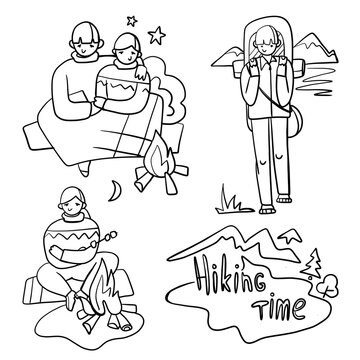 People travel through the mountains. Hiking time. A set of linear images. A guy with a backpack, a girl sits with marshmallows by the fire, a couple of lovers by the fire.