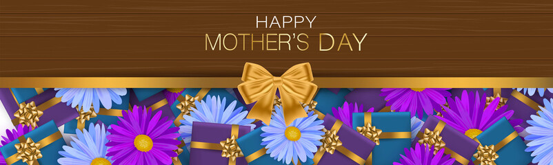 Mother's Day banner or website header. Blue and purple gift boxes and flowers on wooden board planks. Mom holiday design concept with lettering. Realistic vector illustration.