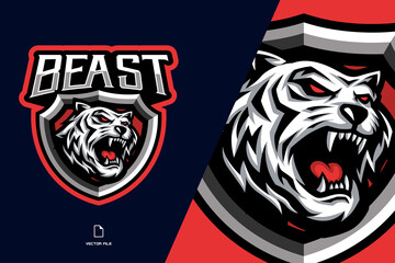 scream white tiger with shield mascot esport game logo illustration © eryusan