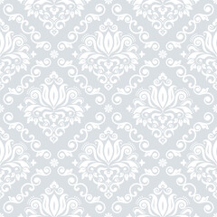 Luxury Damask wallpaper or fabric print pattern, retro textile vector design, royal elegant decor is white on silver gray background
