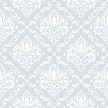 Luxury Damask wallpaper or fabric print pattern, retro textile vector design, royal elegant decor is white on silver gray background
