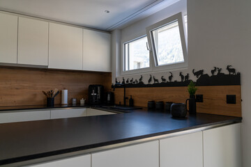 interior view of a modern and elegant kitchen with white cupboards and black tiles