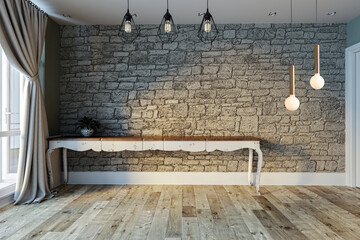 new empty room and interior design, hanging lamp. 3D illustration