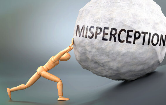 Misperception and painful human condition, pictured as a wooden human figure pushing heavy weight to show how hard it can be to deal with Misperception in human life, 3d illustration