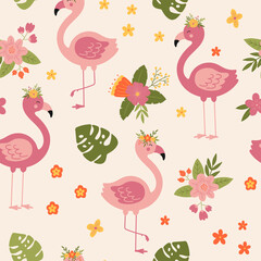 Tropical seamless pattern with floral pink flamingo. Cartoon vector background with flamingo. For the design of textiles, wrapping paper, wallpaper.