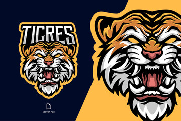 angry tiger head mascot esport game logo illustration for sport team