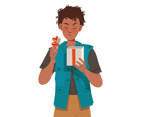 Freckled Man Opening Gift Box Frowning with Dissatisfaction Vector Illustration