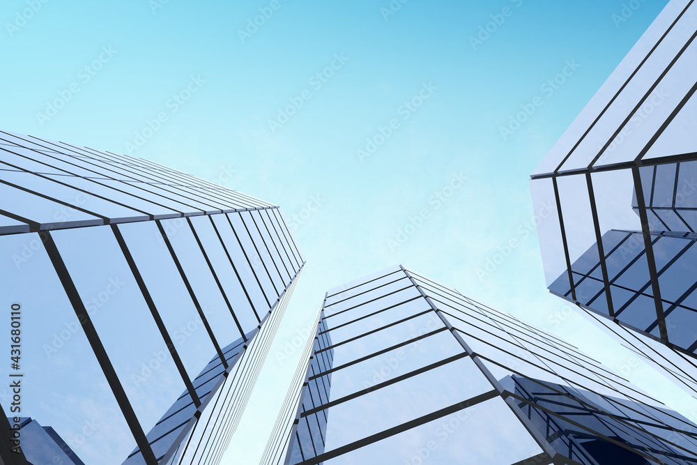 Poster low angle view of futuristic architecture, skyscraper of corporate office building with glass window