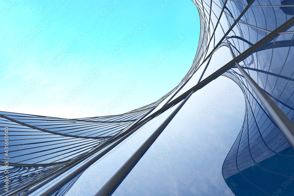 Aufkleber Low angle view of futuristic architecture, Skyscraper of office building with curve glass window, 3D rendering.