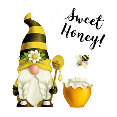 Gnome girl with a spoon of honey in hands and bee, quote Sweet honey, spring summer dwarf Gnome-honey Gnomish love Hand-drawn digital drawings isolated on white background, for printing greeting cards