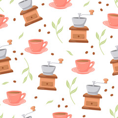 Hand drawn mint Valentine's Day romantic seamless pattern with cute cups, mugs, hearts, coffee, cocoa and more. Vector illustration background in pink and mint colors