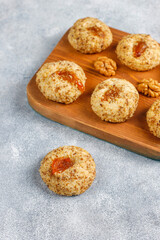 Delicious homemade walnut and jam cookies.