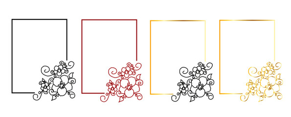 Set of artistic vector square frames with decorative floral ornaments. Frame and pattern colors: gold, red and black.