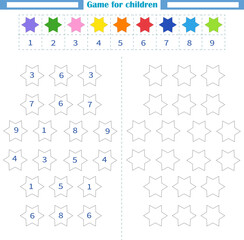  Worksheet for children. Color the empty shapes by number and color. Development of attention