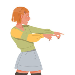 Short-haired Female Pointing Fingers Showing Positive Gesture Feeling Happiness and Excitement Vector Illustration