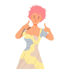 Female with Short Pink Hair Showing Thumb Up as Positive Gesture of Approval Vector Illustration