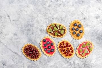 Homemade desserts with blueberries,kiwi slices and pomegranate seeds.