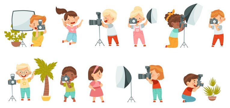 Cute Little Boy and Girl with Camera Taking Photograph and Posing with Studio Lighting Vector Set