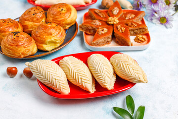 Traditional Azerbaijan holiday Novruz sweets,shekerbura,qogal,paxlava,mutaki.