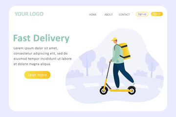 A male courier rides a yellow scooter. Fast delivery. Sample site, home page