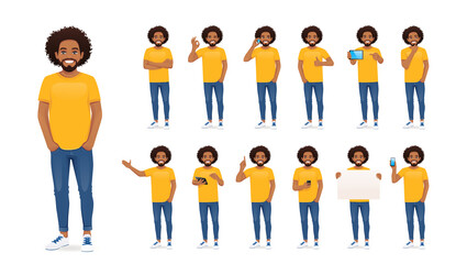 Young african man in casual clothes standing with different gestures set isolated vector illustration